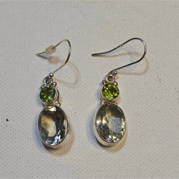 Sterling Silver 925 and Green Amethyst and Peridot French Wire Dangle Earrings - Picture 1 of 8